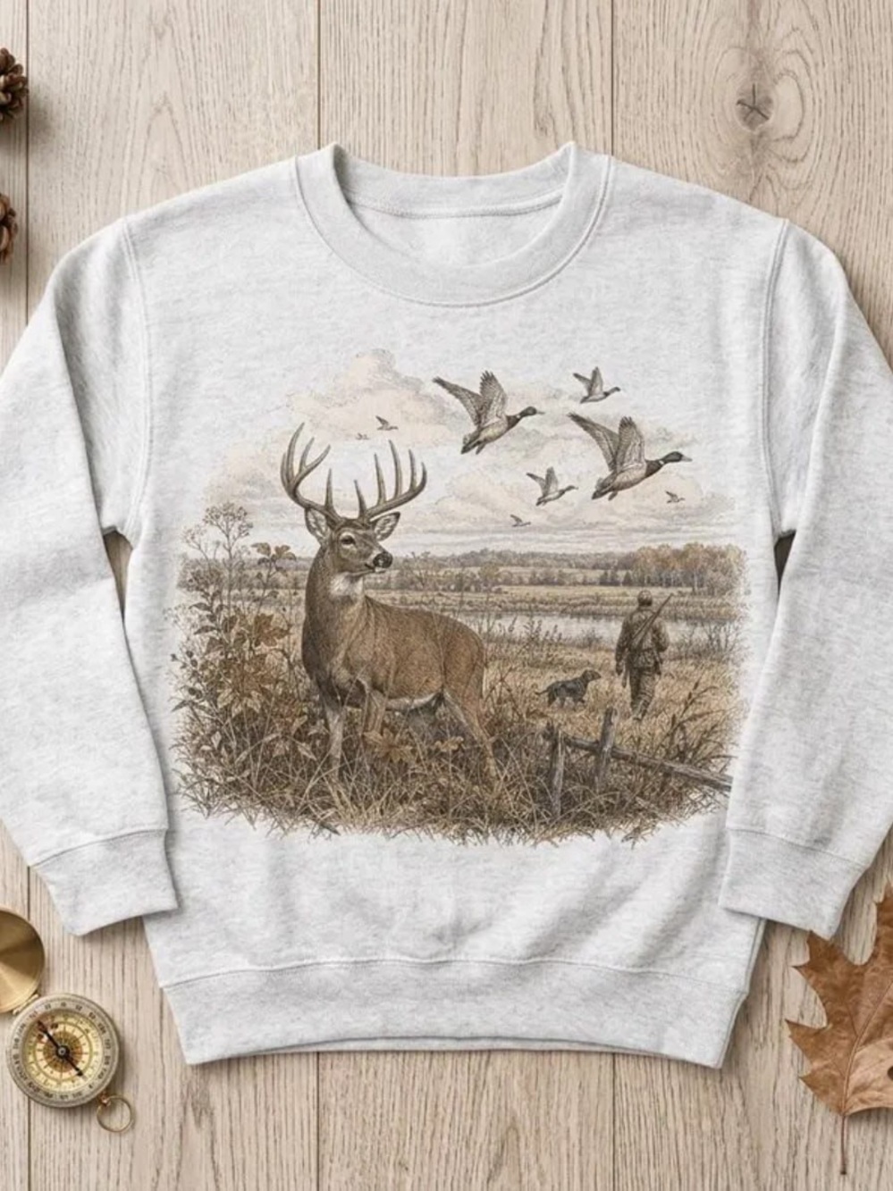 Ash grey Crewneck Sweatshirt with Deer & Flying Ducks Graphic